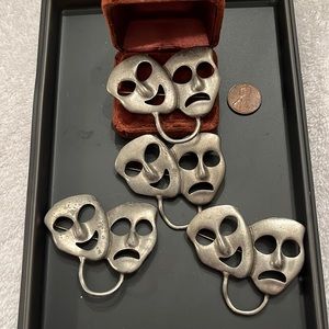 Lot of 4 Vintage drama masks and open circle brooch silver tone glasses Holder